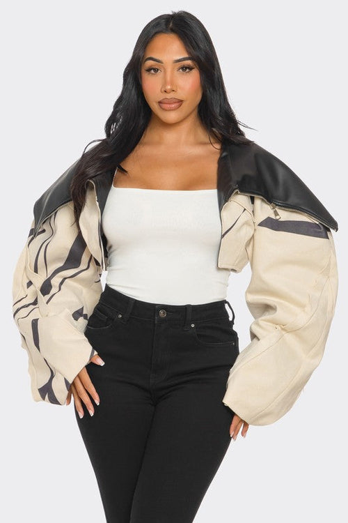 Two-Tone Puff Sleeve Bomber Jacket