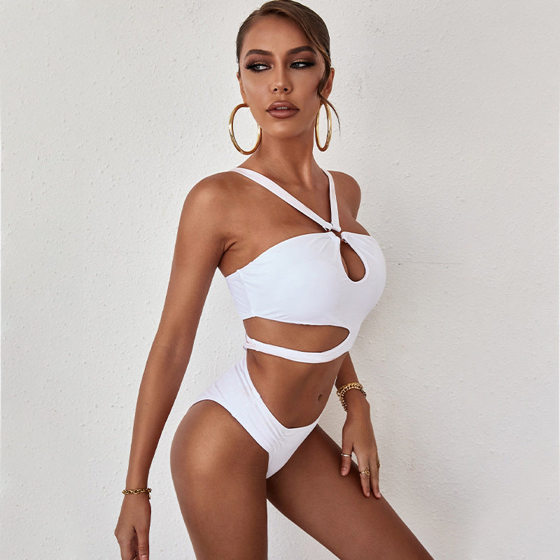 Women's summer new one piece swimsuit solid color hollow backless swim