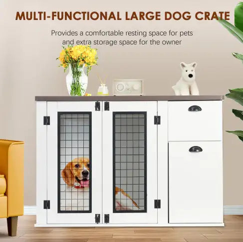 Furniture Style Dog Cage, Wooden Dog Cage, Double Door Dog Cage, Side Cabinet Dog Cage, Dog Crate